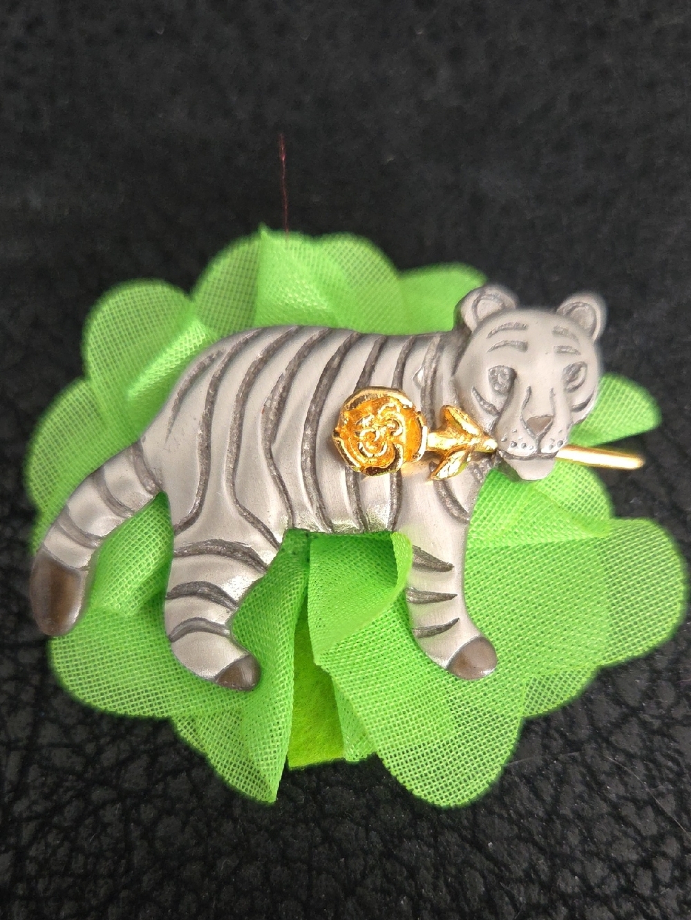 Rare, Shields Vintage Pewter Tiger With Rose Lapel Pin